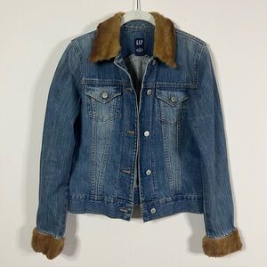 GAP Denim Trucker Jacket Genuine Fur Trim Collar & Cuffs Custom Boho S Upcycled